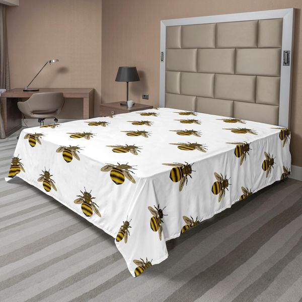 Abakuhaus Lenzuolo Con Motivo Ripetuto Di Api E Insetti Produttori Di Miele Su Sfondo Neutro, Lenzuolo Morbido E Confortevole Per Un Letto Decorativo 1 Pezzo 244 Cm X 205 Cm, Giallo Grigio-image