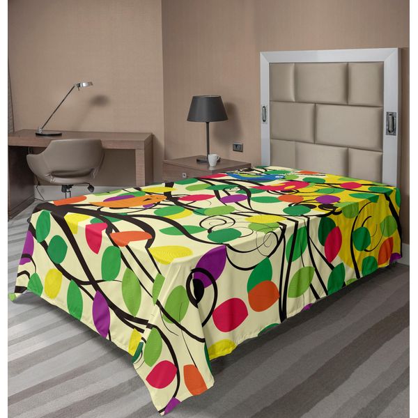 Abakuhaus Lenzuolo Con Uccellini, Simpatici Uccellini Felici Che Cantano Su Vivaci Rami Di Alberi Con Foglie Primaverili Colorate, Morbido E Confortevole Lenzuolo Superiore Per Un Letto Decorativo 1 Pezzo 260 Cm X 168 Cm, Multicolore-image