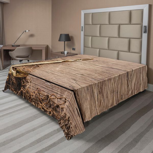 Abakuhaus Lenzuolo Rustico, Ancora Da Mare E Rete Da Pesca Su Sfondo Di Legno Temi Marini E Di Pesca, Lenzuolo Morbido E Confortevole Per Un Letto Decorativo 1 Pezzo 275 Cm X 260 Cm, Marrone E Cacao-image