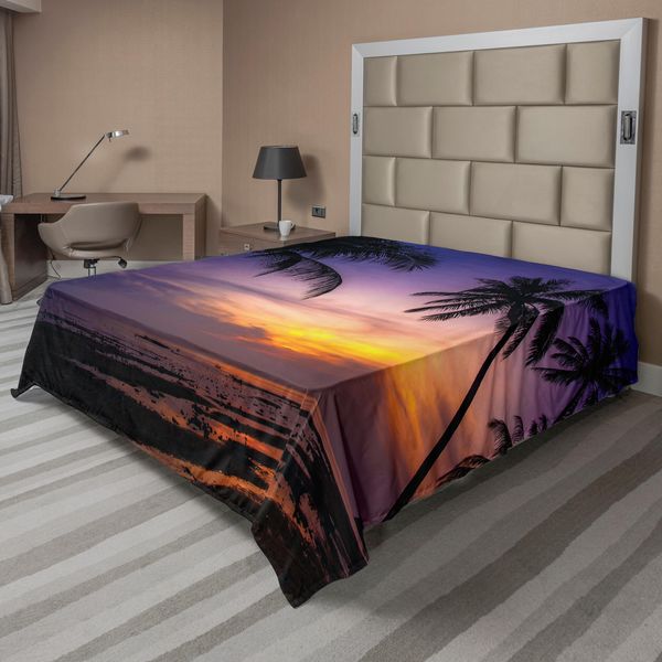 Abakuhaus Lenzuolo Tramonto, Foto Esotica Di Palme Tropicali E Oceano Al Tramonto, Lenzuolo Morbido E Confortevole Per Un Letto Decorativo 1 Pezzo 275 Cm X 260 Cm, Multicolore-image