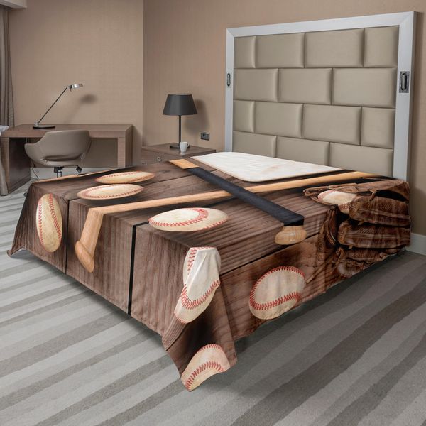 Lenzuolo Da Baseball Abakuhaus, Tema Sportivo Foto Ravvicinata Di Mazze, Palline E Guanti Vista Dall'alto, Lenzuolo Morbido E Confortevole Per Un Letto Decorativo 1 Pezzo 260 Cm X 228 Cm, Marrone Marrone Chiaro-image