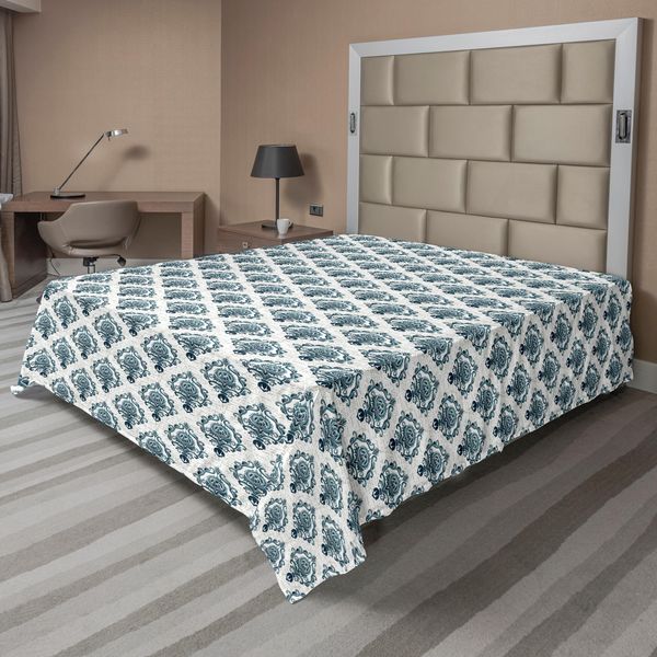 Abakuhaus Lenzuolo Vittoriano, Ispirazione Orientale Semplice Damasco Acquerellato Su Manoscritto, Morbido E Confortevole Lenzuolo Superiore Per Un Letto Decorativo 1 Pezzo 266 Cm X 260 Cm, Blu Notte Cadetto-image