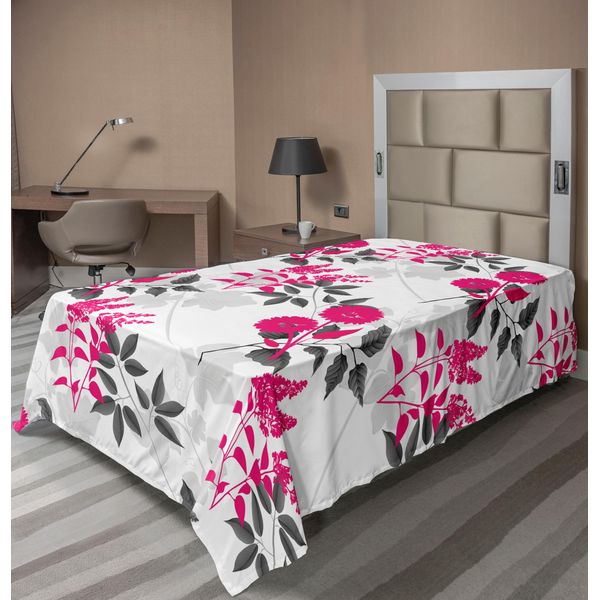 Abakuhaus Lenzuolo A Fiori, Motivo Nostalgico Ripetitivo Con Fiori E Foglie Astratti, Lenzuolo Superiore Morbido E Confortevole Per Un Letto Decorativo 1 Pezzo 260 Cm X 168 Cm, Magenta Grigio Scuro Bianco-image