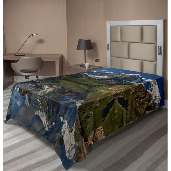 Abakuhaus Lenzuolo Montagna, Pastorale Natura Innevata Cime Alpine Con Lago Torrente Idillio Scena Primaverile, Morbido E Confortevole Lenzuolo Superiore Per Un Letto Decorativo 1 Pezzo 260 Cm X 168 Cm, Verde Bianco-image