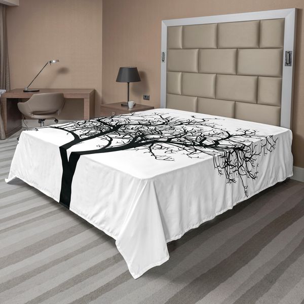 Abakuhaus Lenzuolo Con Motivo Albero Solitario, Rami Spogli Monocromatici In Stile Minimalista Con Tema Naturale Invernale, Lenzuolo Morbido E Confortevole Per Un Letto Decorativo 1 Pezzo 275 Cm X 260 Cm, Bianco E Nero-image