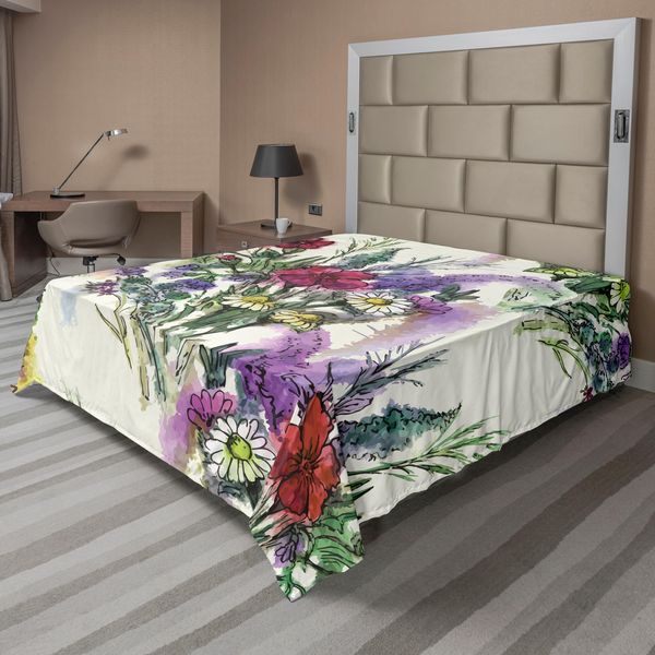 Abakuhaus Lenzuolo Vintage, Motivo Effetto Acquerello Bouquet Primaverile Colorato, Lenzuolo Superiore Morbido E Confortevole Per Un Letto Decorativo 1 Pezzo 244 Cm X 205 Cm, Crema Multicolore-image