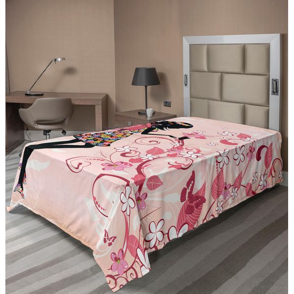 Abakuhaus Lenzuolo Con Fiori, Silhouette Di Ragazza Pescatrice Con Fiori Color Arcobaleno Su Sfondo Rosa Pastello, Lenzuolo Morbido E Confortevole Per Un Letto Decorativo 1 Pezzo 260 Cm X 168 Cm, Multicolore-image