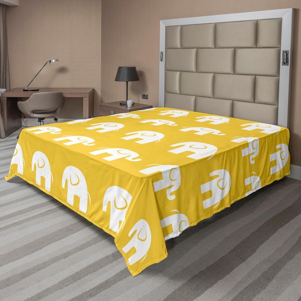 Abakuhaus Lenzuolo Elefante, Motivo Continuo Di Animali Con Grandi Orecchie E Proboscide, Lenzuolo Morbido E Confortevole Per Un Letto Decorativo 1 Pezzo 244 Cm X 205 Cm, Terra Giallo Bianco-image