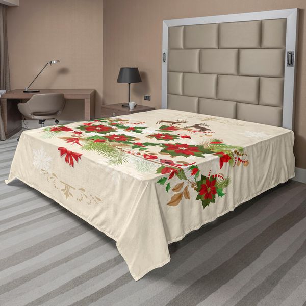 Abakuhaus Lenzuolo Natalizio, Motivo A Tema Natalizio Con Fiori Di Poinsettia E Bacche Di Agrifoglio Con Fascia Di Cervi, Lenzuolo Superiore Morbido E Confortevole Per Un Letto Decorativo 1 Pezzo 266 Cm X 260 Cm, Multicolore-image