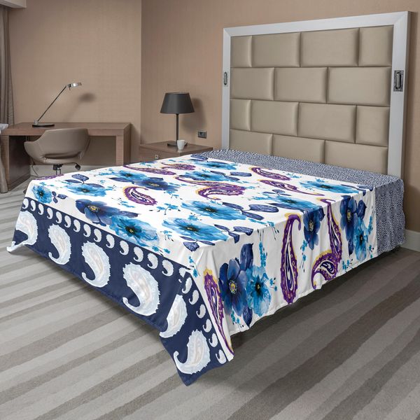 Abakuhaus Lenzuolo Paisley, Acquerello Con Motivi Floreali Primaverili E Motivi Orientali, Lenzuolo Morbido E Confortevole Per Un Letto Decorativo 1 Pezzo 244 Cm X 205 Cm, Blu Azzurro Multicolore-image
