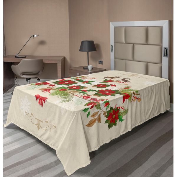 Abakuhaus Lenzuolo Natalizio, Motivo A Tema Natalizio Con Fiori Di Poinsettia E Bacche Di Agrifoglio Con Fascia Di Cervi, Morbido E Confortevole Lenzuolo Superiore Per Un Letto Decorativo 1 Pezzo 190 Cm X 100 Cm, Multicolore-image