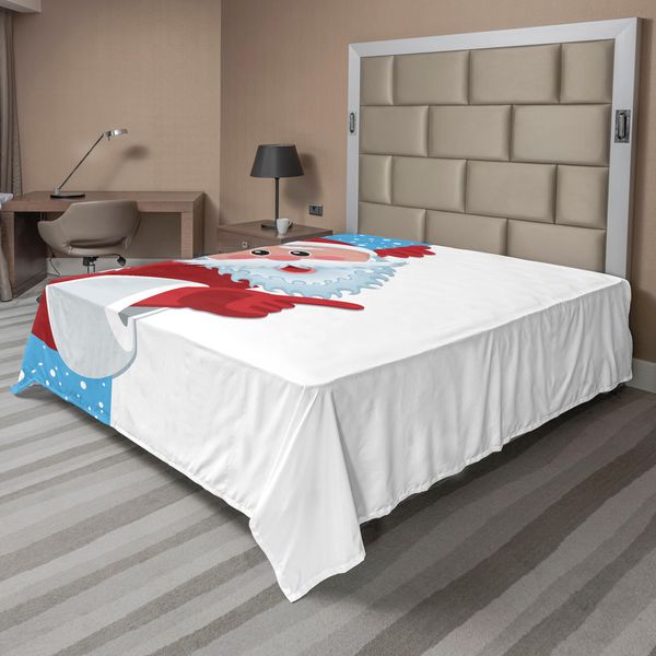 Abakuhaus Lenzuolo Natalizio, Allegra Illustrazione Festiva Con Pupazzo Di Neve Invernale Ed Elementi Stagionali, Morbido E Confortevole Lenzuolo Superiore Per Un Letto Decorativo 1 Pezzo 266 Cm X 260 Cm, Blu Vermiglio Bianco-image