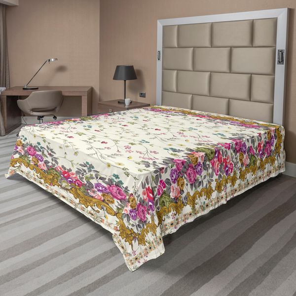 Abakuhaus Lenzuolo Orientale, Botanical Nature Artsy Con Motivo Floreale Primaverile, Lenzuolo Morbido E Confortevole Per Un Letto Decorativo 1 Pezzo 266 Cm X 260 Cm, Color Crema E Multicolore-image