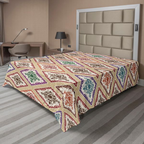 Abakuhaus Lenzuolo In Damasco, Motivo Ornamentale Colorato A Rombi, Lenzuolo Superiore Morbido E Confortevole Per Un Letto Decorativo 1 Pezzo 260 Cm X 228 Cm, Avorio E Multicolore-image