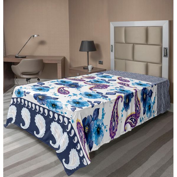 Abakuhaus Lenzuolo Paisley, Acquerello Con Motivi Floreali Primaverili E Motivi Orientali, Lenzuolo Morbido E Confortevole Per Un Letto Decorativo 1 Pezzo 190 Cm X 100 Cm, Blu Azzurro Multicolore-image