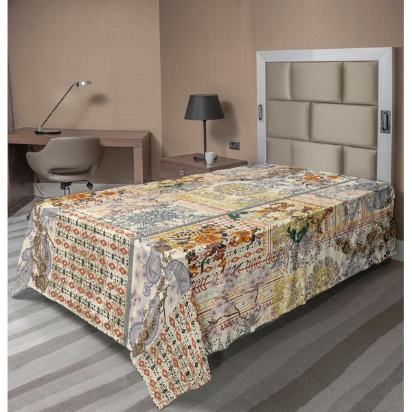 Abakuhaus Lenzuolo Vintage, Motivi Etnici In Colori Pastello Con Dettagli Floreali, Lenzuolo Superiore Morbido E Confortevole Per Un Letto Decorativo 1 Pezzo 260 Cm X 168 Cm, Avorio E Multicolore-image