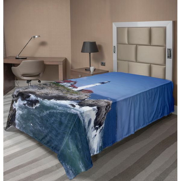 Abakuhaus Lenzuolo Paesaggistico, Foto A Tema Marino Con Faro Su Scogli E Mare Ondulato, Cielo Sereno, Panorama, Lenzuolo Morbido E Confortevole Per Un Letto Decorativo, 1 Pezzo, 190 Cm X 100 Cm, Multicolore-image