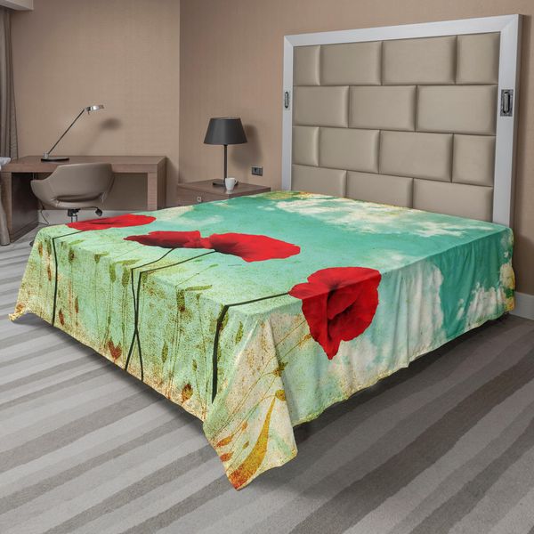 Abakuhaus Lenzuolo Poppies, Composizione A Tema Prato Con Fiori Sbocciati Nella Stagione Primaverile, Morbido E Confortevole Lenzuolo Superiore Per Un Letto Decorativo 1 Pezzo 244 Cm X 205 Cm, Rosso Cinabro Azzurro-image
