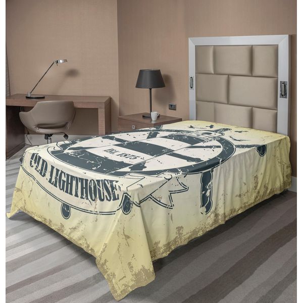Abakuhaus Lenzuolo Nautico, Costa Retrò, Vecchio Faro, Nave, Timone, Uccelli Marini Antichi, Gabbiani, Lenzuolo Morbido E Confortevole Per Un Letto Decorativo, 1 Pezzo, 260 Cm X 168 Cm, Grigio, Giallo, Blu-Grigio-image