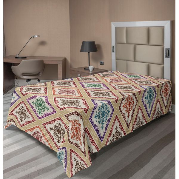 Abakuhaus Lenzuolo In Damasco, Motivo Ornamentale Colorato A Rombi, Lenzuolo Superiore Morbido E Confortevole Per Un Letto Decorativo 1 Pezzo 260 Cm X 168 Cm, Avorio E Multicolore-image
