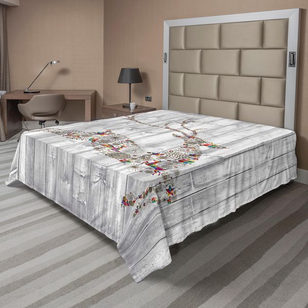 Abakuhaus Lenzuolo Hirsch, Immagine Colorata Di Animali Con Diversi Elementi Natalizi Artistici - Assi Di Legno, Lenzuolo Morbido E Confortevole Per Un Letto Decorativo 1 Pezzo 266 Cm X 260 Cm, Multicolore Grigio-image