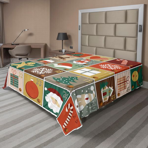 Abakuhaus Lenzuolo Natalizio, Checkered Noel Elements Con Motivo Renna, Pupazzo Di Neve E Babbo Natale, Morbido E Confortevole Lenzuolo Superiore Per Un Letto Decorativo 1 Pezzo 266 Cm X 260 Cm, Multicolore-image