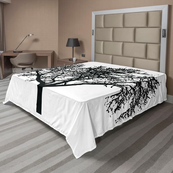 Abakuhaus Lenzuolo Da Letto, Silhouette Di Rami Spogli In Design Monocromatico, Illustrazione Naturale, Lenzuolo Superiore Morbido E Confortevole Per Un Letto Decorativo, 1 Pezzo, 260 Cm X 228 Cm, Grigio Antracite E Bianco-image