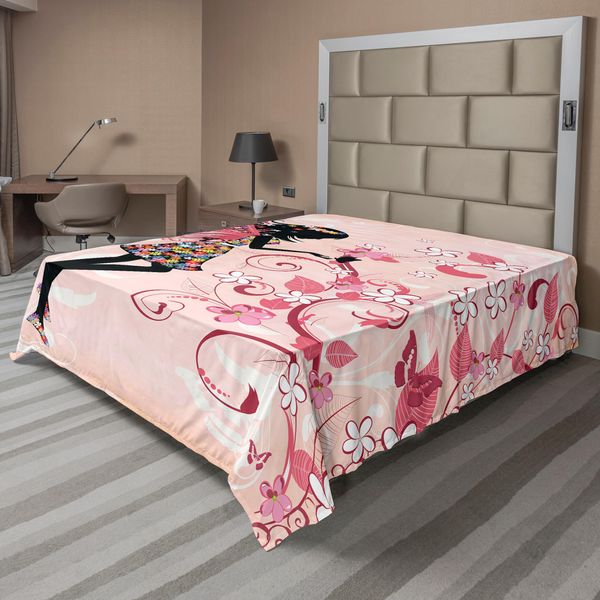 Abakuhaus Lenzuolo Con Fiori, Silhouette Di Ragazza Pescatrice Con Fiori Color Arcobaleno Su Sfondo Rosa Pastello, Lenzuolo Morbido E Confortevole Per Un Letto Decorativo 1 Pezzo 244 Cm X 205 Cm, Multicolore-image