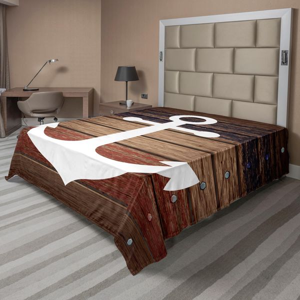 Abakuhaus Lenzuolo Da Letto Marino, Tema Barca Ancora Marina Acqua Anticato Rustico Legno Occidentale, Morbido E Confortevole Lenzuolo Superiore Per Un Letto Decorativo 1 Pezzo 275 Cm X 260 Cm, Marrone Bianco-image