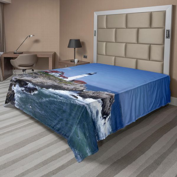 Abakuhaus Lenzuolo Da Letto Con Motivo Paesaggistico, Foto A Tema Marino Con Faro Su Scogli E Mare Ondulato, Cielo Sereno, Panorama, Lenzuolo Morbido E Confortevole Per Un Letto Decorativo, 1 Pezzo, 244 Cm X 205 Cm, Multicolore-image