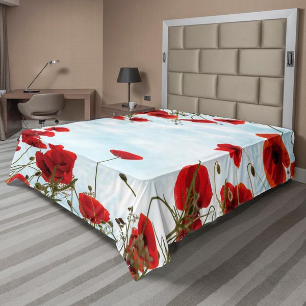 Abakuhaus Lenzuolo Con Motivo Papaveri, Foto Inclinata Di Prati Ed Erbe Con Cielo, Lenzuolo Superiore Morbido E Confortevole Per Un Letto Decorativo 1 Pezzo 260 Cm X 228 Cm, Rosso Cinabro Azzurro-image