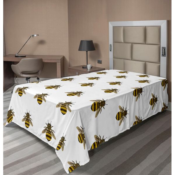 Abakuhaus Lenzuolo Con Motivo Ripetuto Di Api E Insetti Produttori Di Miele Su Sfondo Neutro, Morbido E Confortevole Lenzuolo Superiore Per Un Letto Decorativo 1 Pezzo 260 Cm X 168 Cm, Giallo Grigio-image