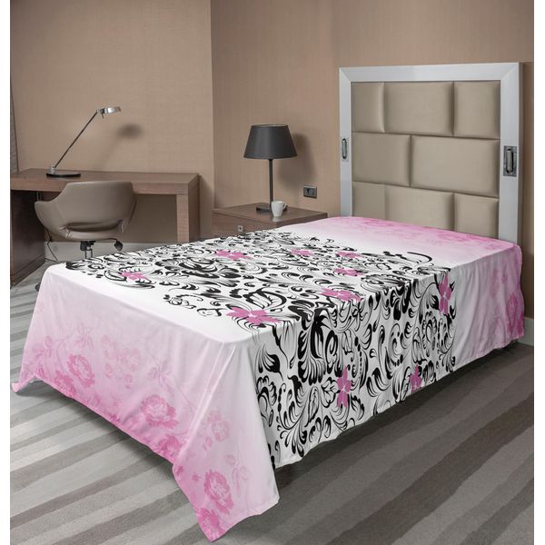 Abakuhaus Lenzuolo Nero E Rosa, Fiori Romantici Ricci In Colore Rosa, Motivo, Lenzuolo Superiore Morbido E Confortevole Per Un Letto Decorativo 1 Pezzo 260 Cm X 168 Cm, Rosa E Grigio Scuro-image