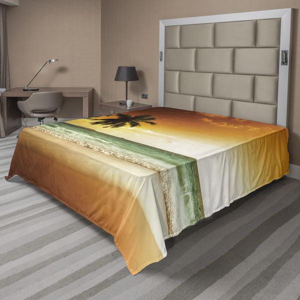 Abakuhaus Lenzuolo Tropicale, Palme Su Un Oceano Increspato, Spiaggia Sabbiosa E Vacanze Esotiche Sotto Un Cielo Spettacolare, Lenzuolo Morbido E Confortevole Per Un Letto Decorativo 1 Pezzo 275 Cm X 260 Cm, Ambra Bianco Verde-image