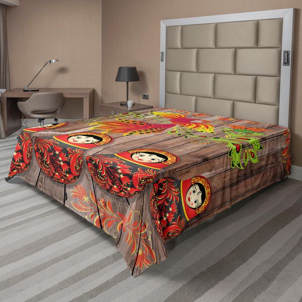 Abakuhaus Lenzuolo Etnico, Immagine Folcloristica Con Tradizionali Dolci Russi E Ornamenti Floreali E Uccelli Su Legno, Lenzuolo Morbido E Confortevole Per Un Letto Decorativo 1 Pezzo 260 Cm X 228 Cm, Multicolore-image