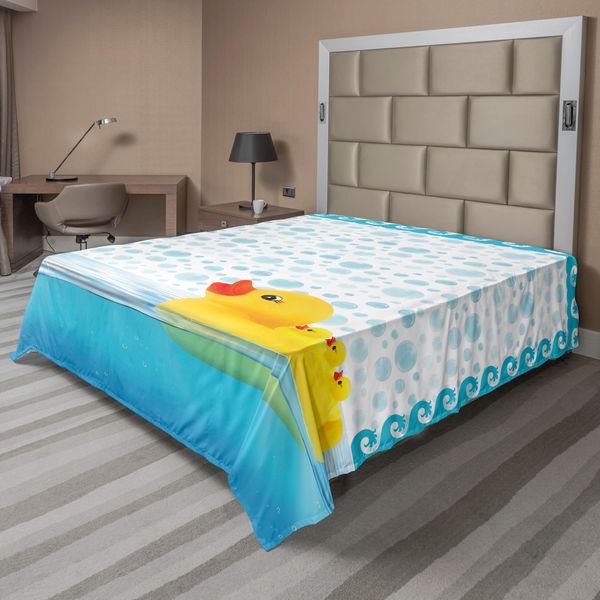 Abakuhaus Lenzuolo Giallo Con Papere, Messaggio "Pensa Positivo"" Con Lettere Color Arcobaleno Su Linee A Zig Zag Chevron, Lenzuolo Morbido E Confortevole Per Un Letto Decorativo 1 Pezzo 260 Cm X 228 Cm, Azzurro, Giallo E Bianco"-image