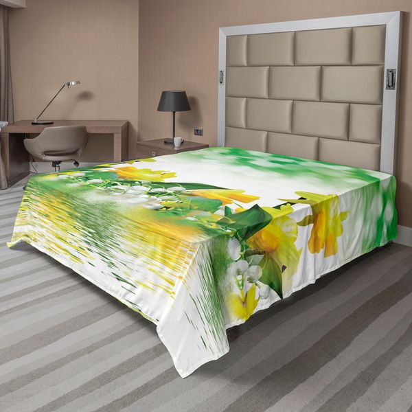 Abakuhaus Lenzuolo Con Fiori, Narciso Green Garden Stampa Artistica Con Spruzzi D'acqua Su Sfondo Sfocato Bokeh, Lenzuolo Morbido E Confortevole Per Un Letto Decorativo 1 Pezzo 244 Cm X 205 Cm, Verde E Giallo-image
