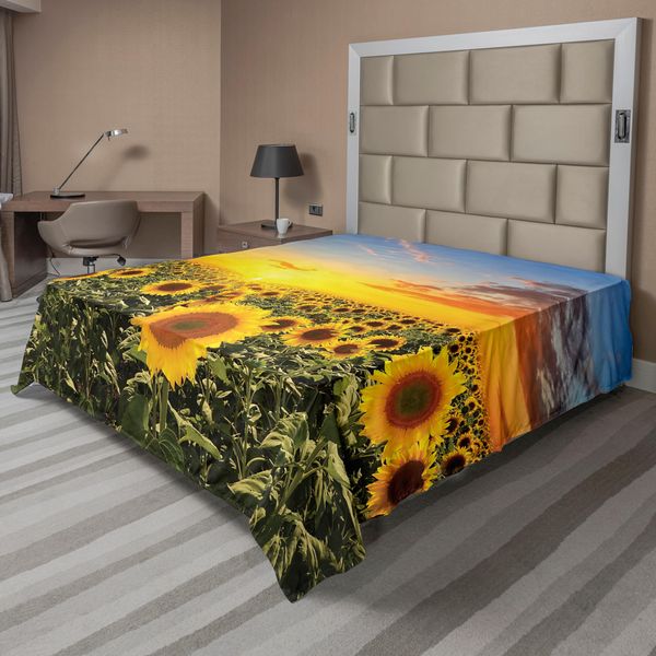 Abakuhaus Lenzuolo Mediterraneo, Campo Di Girasoli In Primavera, Tramonto, Habitat, Paesaggio Naturale, Campagna Rurale, Lenzuolo Morbido E Confortevole Per Un Letto Decorativo, 1 Pezzo, 260 Cm X 228 Cm, Verde Giallo-image