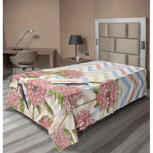 Abakuhaus Lenzuolo Con Fiori, Grafica Vintage Con Peonie E Uccelli Su Zigzag Grunge, Lenzuolo Morbido E Confortevole Per Un Letto Decorativo 1 Pezzo 190 Cm X 100 Cm, Multicolore-image