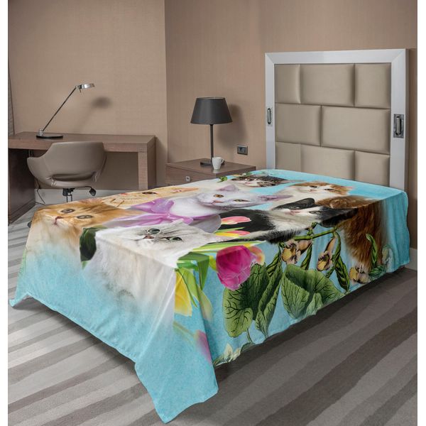 Abakuhaus Lenzuolo Per Amanti Dei Gatti, Composizione Astratta Di Gatti Domestici, Gatti Domestici Con Composizione Fiorita, Lenzuolo Morbido E Confortevole Per Un Letto Decorativo, 1 Pezzo, 260 Cm X 168 Cm, Multicolore-image