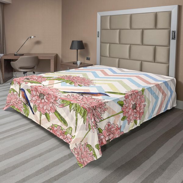 Abakuhaus Lenzuolo Con Fiori, Grafica Vintage Con Peonie E Uccelli Su Zigzag Grunge, Lenzuolo Morbido E Confortevole Per Un Letto Decorativo 1 Pezzo 260 Cm X 228 Cm, Multicolore-image