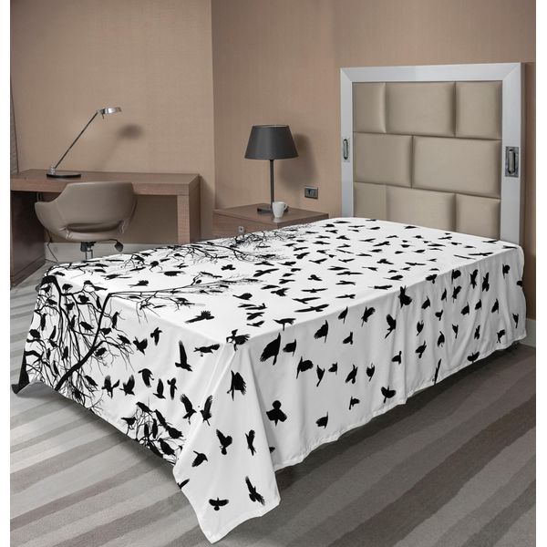 Abakuhaus Lenzuolo Bianco E Nero, Rami Di Betulla, Uccelli In Volo, Stile Silhouette A Tema Autunnale, Lenzuolo Morbido E Confortevole Per Un Letto Decorativo, 1 Pezzo, 260 Cm X 168 Cm, Bianco E Nero-image