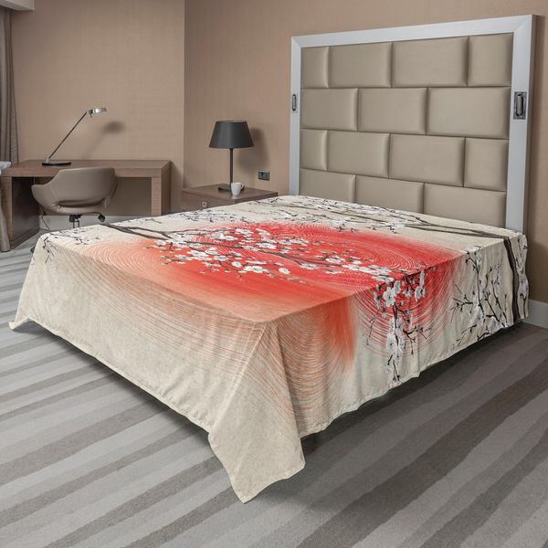 Abakuhaus Lenzuolo Con Fiori Di Ciliegio, Tema Folcloristico Giapponese Con Alberi Di Sakura, Morbido E Confortevole Lenzuolo Superiore Per Un Letto Decorativo 1 Pezzo 244 Cm X 205 Cm, Grigio Giallo Corallo Scuro-image