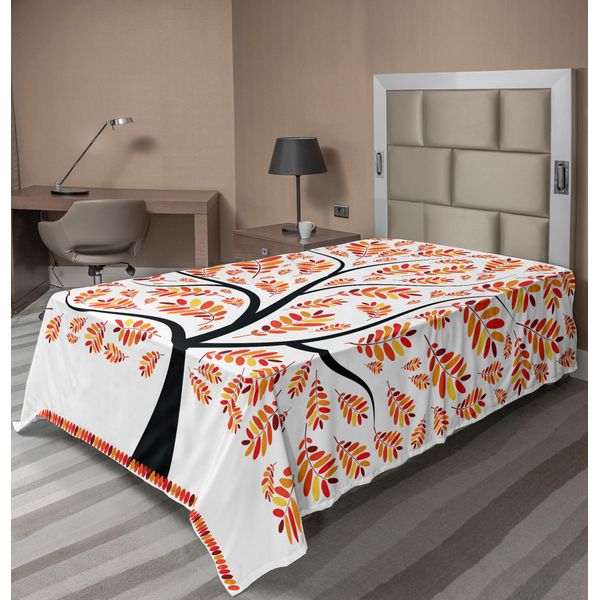 Abakuhaus Lenzuolo Artistico Naturale, Motivo Autunnale Con Alberi E Foglie Che Cadono. Lenzuolo Morbido E Confortevole Per Un Letto Decorativo. 1 Pezzo 260 Cm X 168 Cm, Arancione E Nero.-image