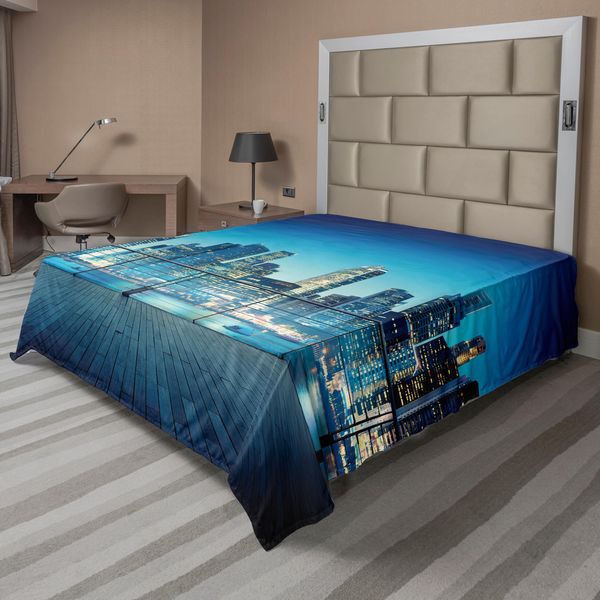 Abakuhaus Vista Della Città Lenzuolo, Big City Night Panorama Da Un Balcone Con Grattacieli, Morbido E Confortevole Lenzuolo Superiore Per Un Letto Decorativo 1 Pezzo 244 Cm X 205 Cm, Giallo Pallido Blu Notte-image
