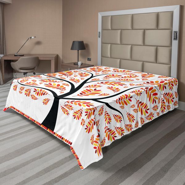 Abakuhaus Lenzuolo Artistico Naturale, Motivo Autunnale Con Alberi E Foglie Che Cadono. Lenzuolo Morbido E Confortevole Per Un Letto Decorativo. 1 Pezzo 275 Cm X 260 Cm, Arancione E Nero.-image