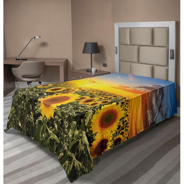 Abakuhaus Lenzuolo Mediterraneo, Campo Di Girasoli In Primavera, Tramonto, Habitat, Paesaggio Naturale, Campagna Rurale, Lenzuolo Morbido E Confortevole Per Un Letto Decorativo, 1 Pezzo, 190 Cm X 100 Cm, Verde Giallo-image