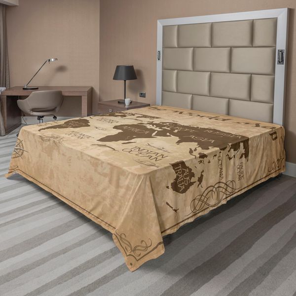 Abakuhaus Lenzuolo Con Mappa Del Mondo, Tema Vintage Mappa Topografica Del Mondo Paesi Grafica Stilizzata Rosa Dei Venti, Lenzuolo Morbido E Confortevole Per Un Letto Decorativo 1 Pezzo 260 Cm X 228 Cm, Marrone Pastello Tortora-image