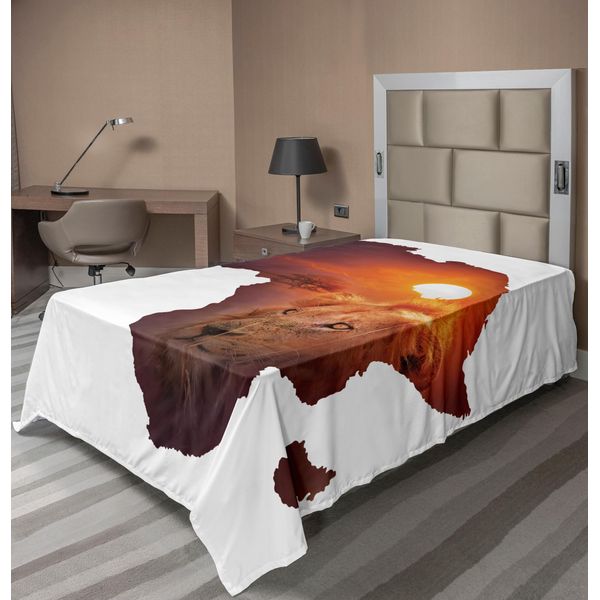 Abakuhaus Lenzuolo Safari, Arte Africana Leone Selvatico Tramonto Mappa Del Continente Africano Stampa A Doppia Esposizione, Lenzuolo Morbido E Confortevole Per Un Letto Decorativo 1 Pezzo 260 Cm X 168 Cm, Melanzana E Arancione-image