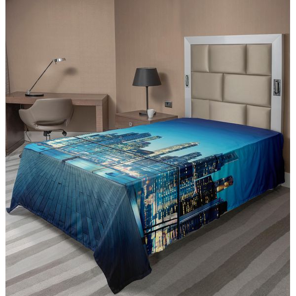 Abakuhaus Lenzuolo Con Vista Sulla Città, Panorama Notturno Della Grande Città Da Un Balcone Con Grattacieli, Morbido E Confortevole Lenzuolo Superiore Per Un Letto Decorativo 1 Pezzo 260 Cm X 168 Cm, Giallo Pallido Blu Notte-image